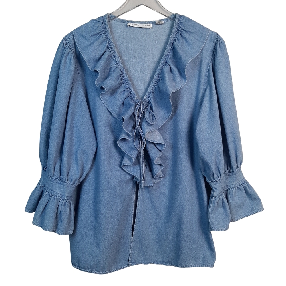 Vintage Paris Sports Club Denim Top with Ruffles Size Medium